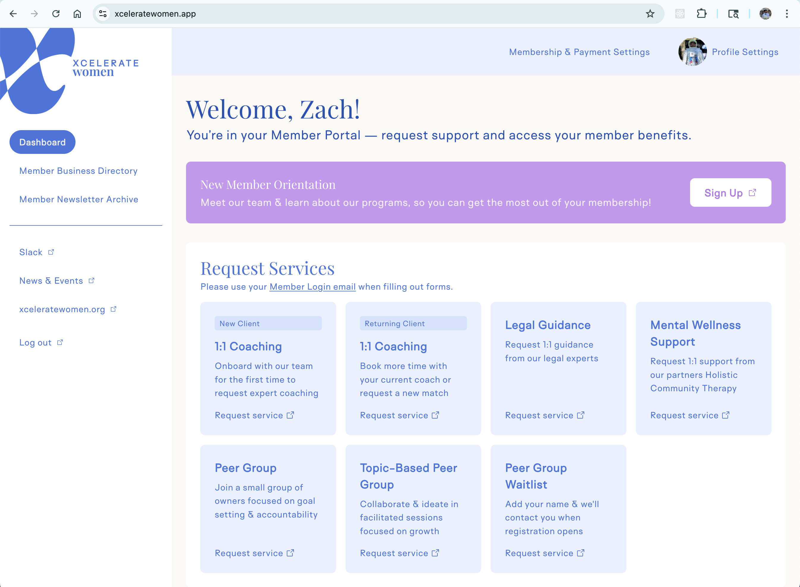 Xcelerate Women member dashboard